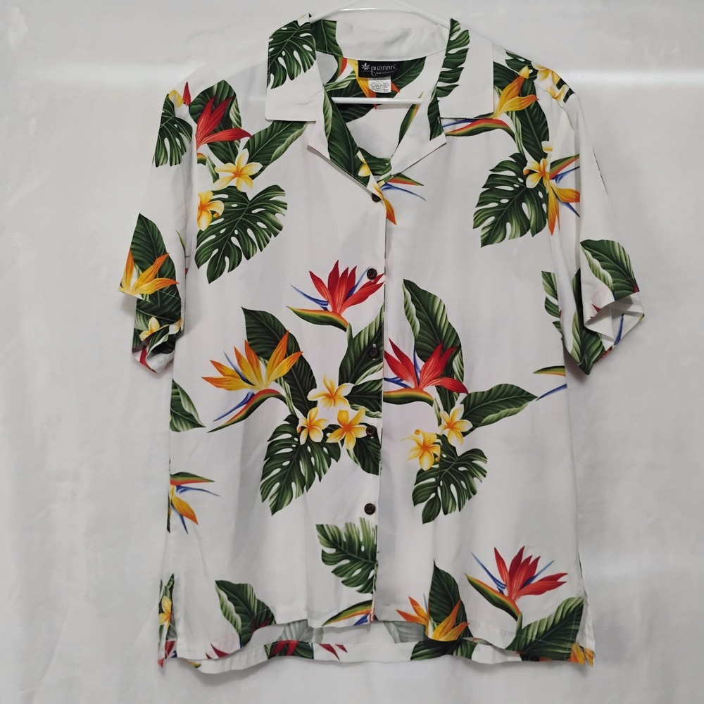 Puanani Hawaii Womens Large Rayon Tropical Bird of Paradise Floral Aloha Shirt X